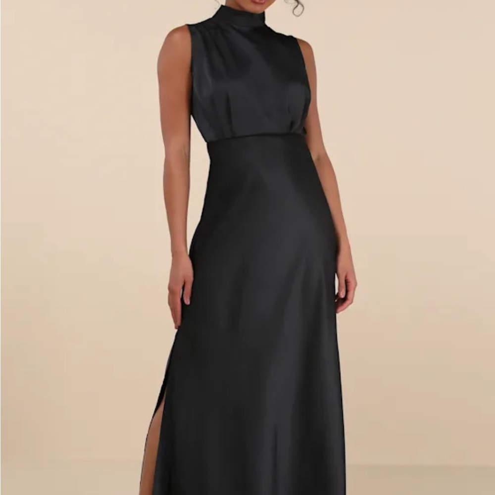 Lulu's Sleek Black High-Neck Satin Maxi Dress with Side Slit